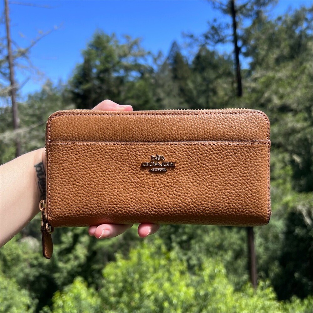 COACH Long Zip-Around Wallet Pebble Leather BROWN with GOLD Hardware AUTHENTIC
